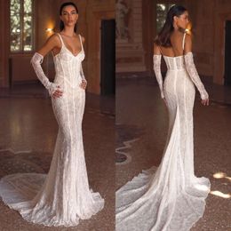 Cinghie sirenede abiti in pizzo berta abito da sposa senza schienale paillettestri da pace in pizzo