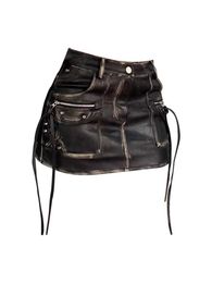 Skirts Summer Womens Vintage Pu Artificial Leather Mini Hip Bag Ski Gyaru Punk Design 2000s Aesthetic Tide Y2k Street Clothing Cyber Grunge 90s Q240507