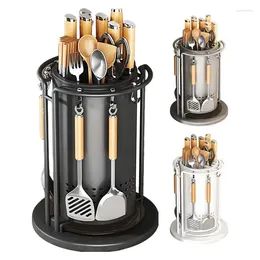 Kitchen Storage Rotating Cutter Holder 360 Degree Rotatable Stand With Hooks Space Saver Knife Rustproof Silverware