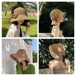 Wide Brim Hats Summer For Women Hat Retro Beach Ladies Fashion Flat Brom Bowknot Lady Casual Straw F7s6