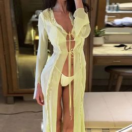 hirigin Women See Through Mesh Ruffle Trim Y2K Dress Sheer Flowy Beach Swimsuit Cover Up Dresses Bikini Swim Long Dress240416