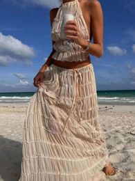 Summer Backless Ruched White Dress Sets Sexy Halter Short Tops Fold Long Skirts Women 2 piece Fashion Beach Outfits 240426