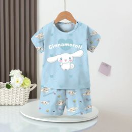 Anime Summer Kids Ice Silk Pyjamas Kawaii MyMelodys Kuromis Cinnamorolls Cartoon Short Sleeve Cardigan Loungewear Set 240506