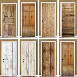 Stickers 3D Retro Old Wooden Door Stickers Waterproof Poster Wallpaper Selfadhesive Home Decoration Bedroom Door Stickers