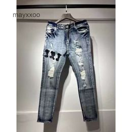 Amiiris designer jeans mens mode mens med hål lappar trendiga elastiska smala fit leggings mångsidiga byxor lila jean nhsz
