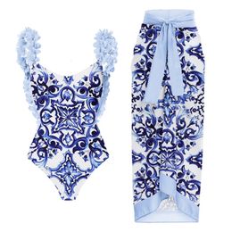 Retro One Piece Swimsuit Backless Applique Blue and White Porcelain Printed Pwimsuit Suit Women 240429