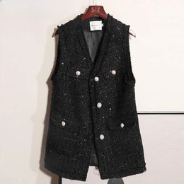 Womens Spring Autumn Loose Casual Waistcoat Female Sequined Tweed Vest Coats Ladies Vneck Sleeveless Jackets W748 240430