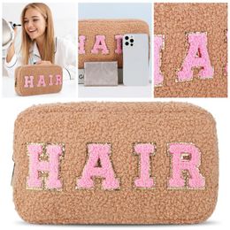 Cosmetic Bags Preppy Fluffy Storage Pouch Chenille Letter Fuzzy Toiletry Bag Makeup Organiser Gift For Women And Girls