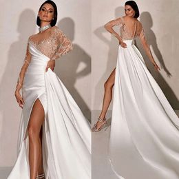 Wedding Long Dresses Mermaid Appliques Elegant Jewel Sleeves Beads Pleats Side Split Satin Sweep Train Custom Made Plus Size Bridal Gown Vestidos De Novia