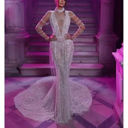 Sexy Mermaid Prom Dresses Long Sleeves V Neck Halter Appliques Sequin Beaded Floor Length Lace Hollow Pearls Tassel Evening Dress Bridal Gowns Plus Size Custom 0431