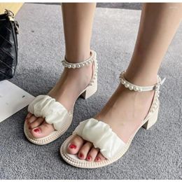 Casual Shoes Pearl Sandals Med 2024Women's Clear Heels Ladies Summer Suit Female Beige Medium Girls Fashion Outside Black Comfort