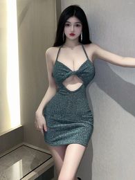 Casual Dresses Sexy Hollowed Out Top Neck Tie Elegant Dress Tight Buttocks Wrapped Sliver Fashion Mini Tops S874