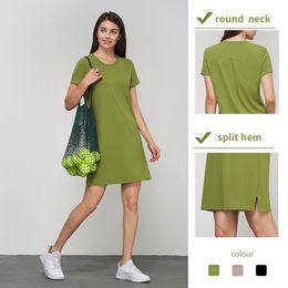 Tennis Dresses,Yoga sports dress for women summer nude high-end long slit sports skirt loose casual one-piece skirt, golf Dresses L-1565