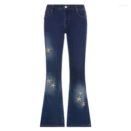 Women's Jeans Star Print Streetwear Y2K Woman Vintage Low Waist Pockets Blue Denim Skinny Flare Women Rise Grunge Retro