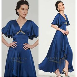 Blue Jillharvey A Line Mother Of The Bride Short Sleeve Wedding Guest Dress Hi Lo Chiffon Tiers Sash V Neck Evening Gowns 0431