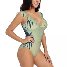 Women's Swimwear Women Tropical Palm Tree One Piece Sexy Ruffle Swimsuit Summer Beach Wear Slimming Bathing Suit