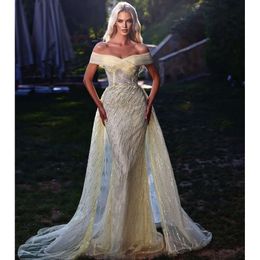 Prom Sparkly Mermaid Dresses Sleeveless V Neck Off Shoulder Appliques Sequins Floor Length Bed Detachable Train Evening Dress Bridal Gowns Plus Size Custom
