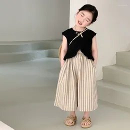 Clothing Sets Korean Kids Girls Pleated Round Collar Sleeveless Top Loose Wide Leg Pants Suits Beach Summer Casual Clothes