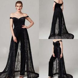 2020 Modest Elegant Jumpsuits Off Shoulder Sleeveless Evening With Detachable Lace Applique Formal Dresses Ankle Length Party Gowns 0431