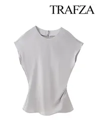 Women's Tanks TRAFZA 2024 Spring Tank Top For Women Fashion Trend Silk Satin Texture Round Neck Loose Tops Female Versatile Clothing