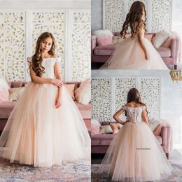 Lovely Ball Gown Flower Girl Off Shoulder Short Sleeve Tulle Lace Applique Ruched Wedding Dress Ankle Length Girl's Birthday Part 0431