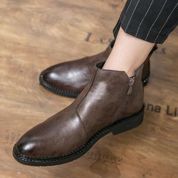 Winter Men's Fashion Leather tornozelo britânico masculino lateral lateral zip botas pretas