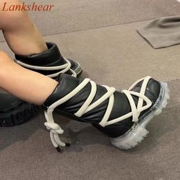 Boots Round Toe Cross Tied Women Mid Calf Falt Sole Fashion Casual Sexy Mixed Color Lace Up Winter Shoes 2024 Arrival