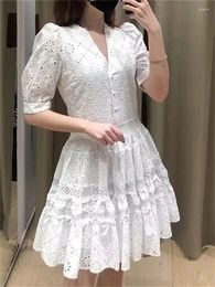 Party Dresses Spring Summer 2024 Women Dress Lace Hollow Out Embroidered White French Elegant Puff Sleeve V-Neck Female Backless Mini Robe