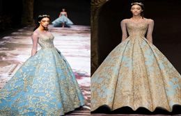 Luxury Gold Lace Long Sleeve Evening Dresses Vintage Sky Blue Michael Cinco Sheer Neck Saudi Arabia Plus Size Occasion Prom Dress1816129