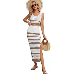Work Dresses Women Hollow Out Small Holes Breathable Comfortable Skirt Suits Short T-Shirt Vest Female Bohemian Style Striped Two Piece Sets