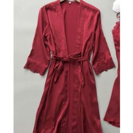 Sexy Womens Robe & Gown Sets Lace Bathrobe Night Dress Sleepwear Womens Sleep Clothing Faux Silk Robe Femme Lingerie 232t