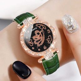 Women's Watches 6PCS Set Dark green Fashion Butterfly Shaped Rhinestone Inlaid Ladies Leather Strap Quartz Wrist And Jewellery Set