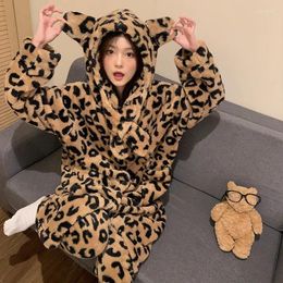 Women's Sleepwear Style Cartoon Bear Women Pajamas Adult Winter Thicken Night-robe Coral Velvet Leopard Pijama Soft Warm Loungewear