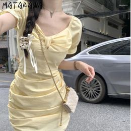 Party Dresses Matakawa Sweet Women Solid Spring Summer Korean Fashion Yellow Vestidos Para Mujer Square Neck Slim Mini Dress