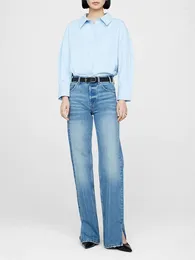 Women's Jeans Women High Waist Cotton Autumn 2024 Casual Zipper Pockets Ladies Split Straight Leg Pants