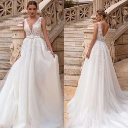 Wedding Dresses V-Neck Elegant Sleeveless Lace A-Line Applicants Tulle Belt Backless Court Gown Custom Made Zipper Plus Size Bridal Dress Vestidos De Novia