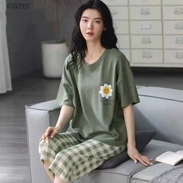 Women's Sleepwear S-5XL new womens round neck short sleeved cartoon cute printed top and seven point pants pajama set WX