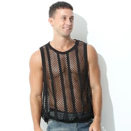 Mens Undershirts Vest Mesh See Through Underwear Sleeveless T Shirt Sexy Singlets Fitness Transparent Tank Tops Gym Clothing 240506