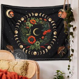 Tapestries Floral Tapestry Wall Hanging Moon Phase Flower Moth Boho Hippie Aesthetic Carpets Home Room Decor