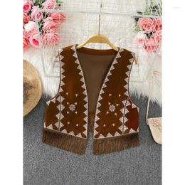 Women's Vests Ethnic Style Outfit Women Sleeveless Brown Embroidered Tassel Vest Short Tank Top Cardigan Vintage Streetwear Jacket