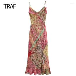 Casual Dresses Chiffon Print Womens Summer 2024 Midi Bow Sleeveless Backless Floral Slip Bandage Holiday Dress