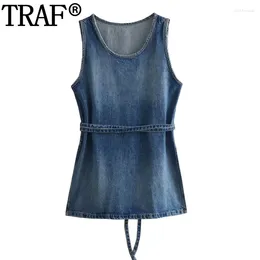 Women's Blouses Woman 2024 Sleeveless Blue Denim Top Women Summer Tied Belt Modern Long Streetwear Slit Ladies