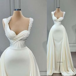 Einzigartige Abend Frauen Spaghetti -Träger ärmellose Rückstand bodenlange formelle Kleid -Applikationen Pailletten Satin Pearls Prom Kleider Plus Größe zugeschnitten 0431