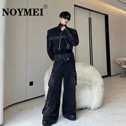 NOYMEI Fashionable Mens Denim Two Pieces Set Solid Colour Autumn Winter Black Cargo Wide Leg Jean Short Jacket WA3035 240424