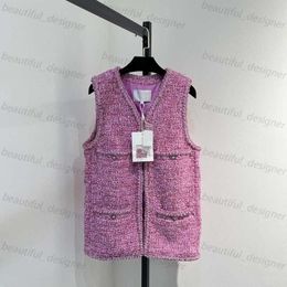 Luxury designer women's jacket Rose Pink Woven Tweed V-neck Mid length Vest 2024 New Twill Soft Tweed Sleeveless Coat