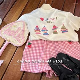 Clothing Sets Cotton Children Set Summer Cute Cartoon T-shirt Top Sweet Pink Plaid Shorts Two Piece Women For Girls