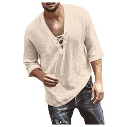 Men's Polos Casual loose button standing collar mens cotton linen dress spring/summer casual solid Colour long sleeved topL2405