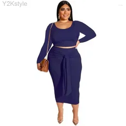 Work Dresses For Women 2024 Fat Sisters Plain Colour Loose Suit Thickened U Collar Long Sleeve Lace Up Zevity Skirt Two-piece Set