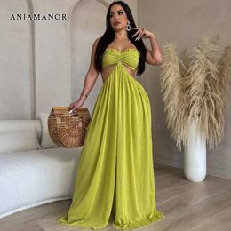 Women's Jumpsuits Rompers ANJAMANOR Sexy Chiffon Halter Backless Wide Leg Jumpsuits Woman 2023 Summer Women Fashion Beach Vacation Outfits D48-DH46 T240507