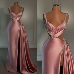 Evening Beaded Sheath Pink Gown Straps V Neck Party Prom Dresses Ruffle Sweep Train Split Formal Long Dress For Special Ocn